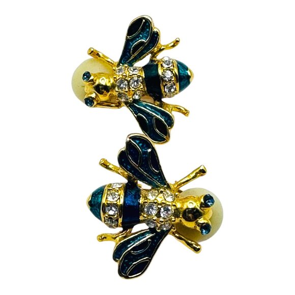 Vintage Bee Shaped Gold-Tone Clip-On Earrings W Rhinestones & Enamel Accents - Picture 3 of 8